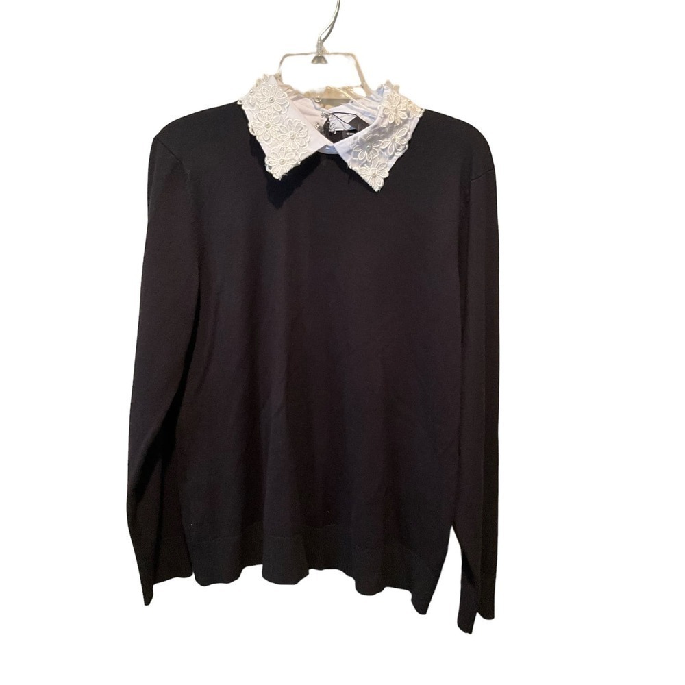 Cable & Gauge Pullover Sweater Women SZ L Black Collared Long Sleeve Rayon Blend